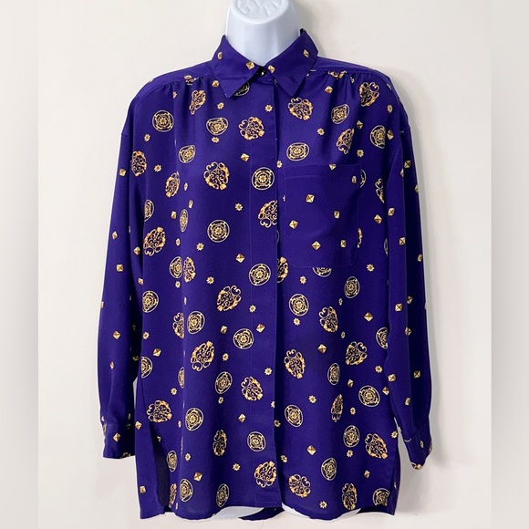 Vintage Chaus Purple & Gold Diamond and Emblem Print Button Down Blouse Size 6 - Picture 2 of 8